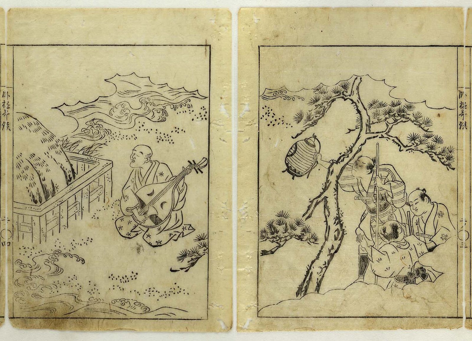 A woodblock illustration across two pages: a shaven-headed musician plays a biwa beside a fenced tomb, and under a pine tree an armored samurai and an attendant stand waiting
