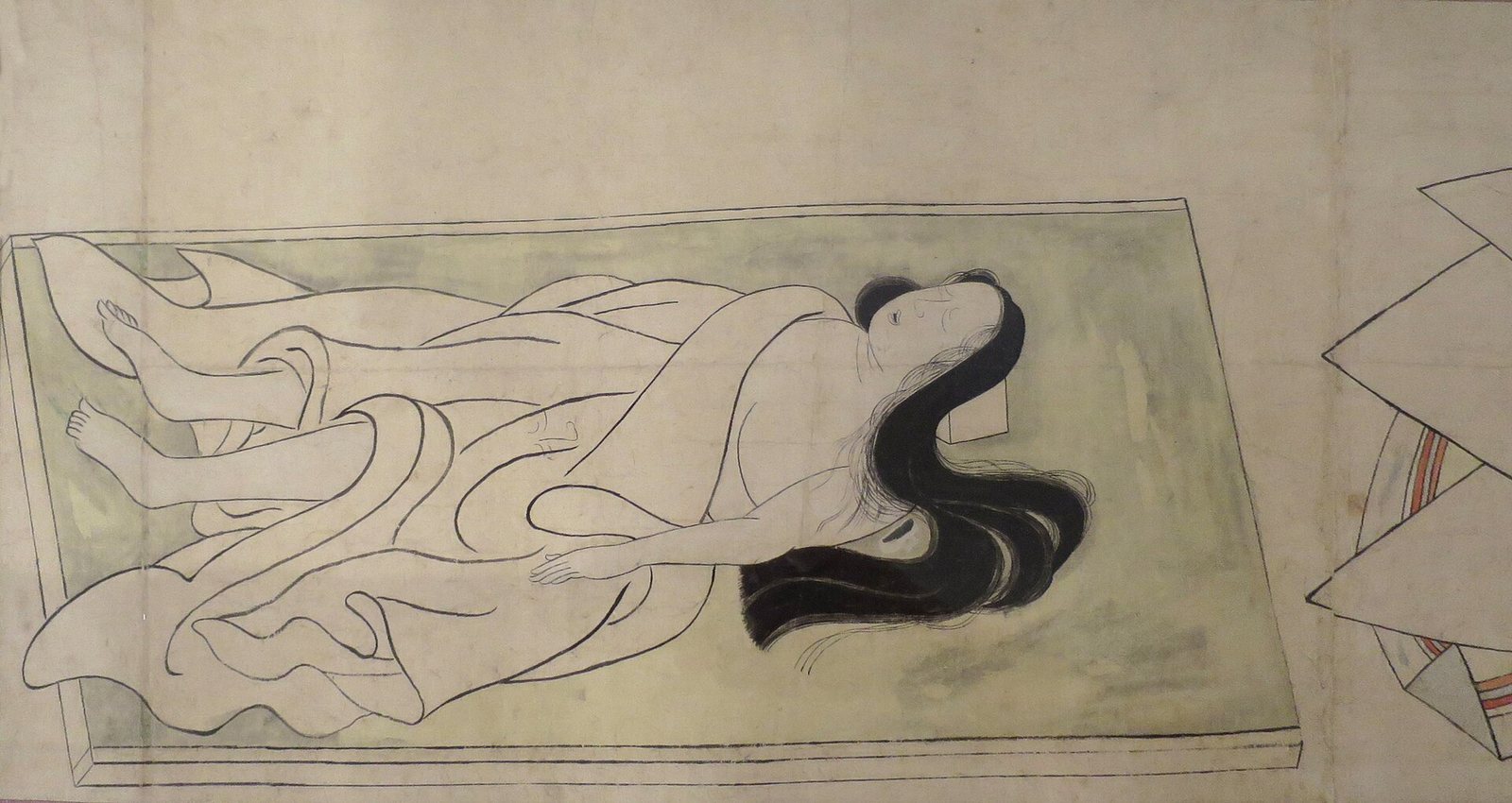 A painted scroll: a noblewoman lies dead on a mat, her robes loosened and her long black hair spread out beside her