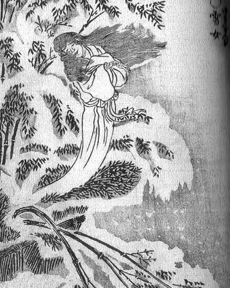 A woodblock print of a ghostly woman with long, loose hair rising out of a snow-covered bamboo grove