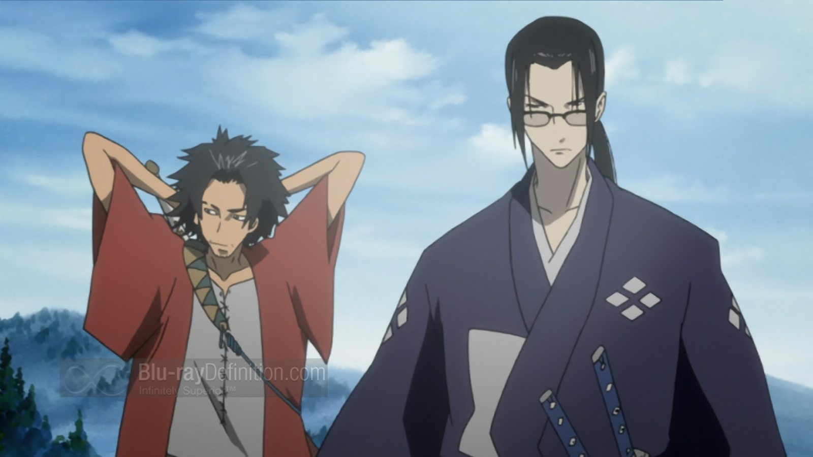 Two swordsmen against a cloudy sky: on the left Mugen, with wild hair and a red jacket, his arms folded behind his head; on the right Jin, in spectacles and a dark blue kimono with two swords at his belt