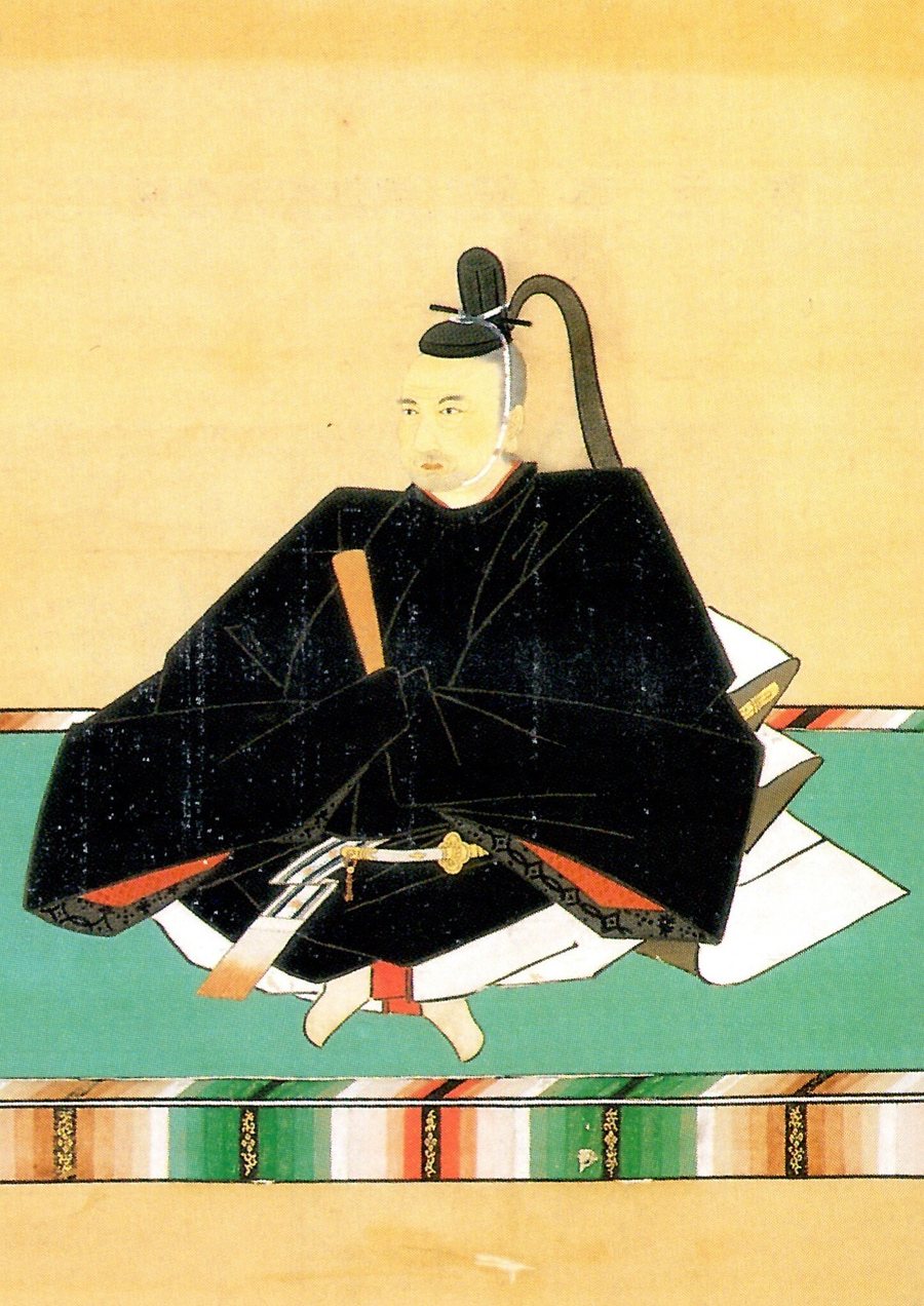 A painted portrait of a lord seated on a raised mat, in black court robes and a tall black cap, a sword at his side
