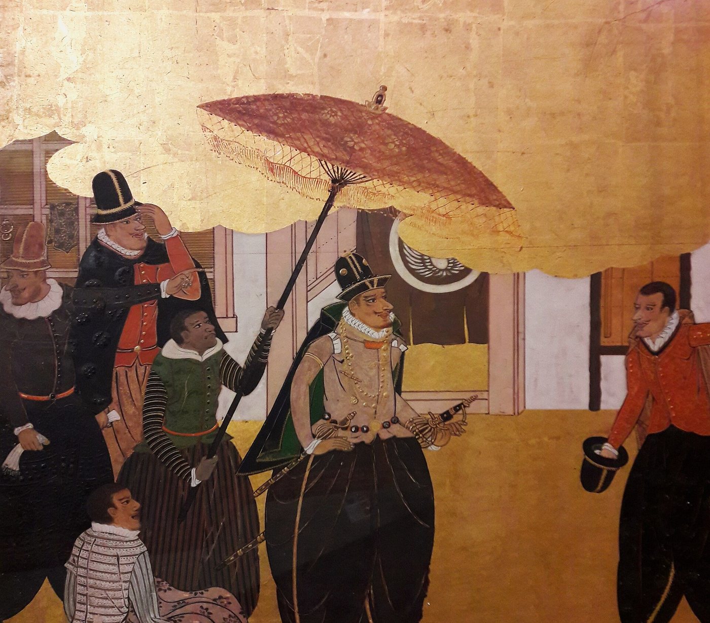 On a gold ground, a Portuguese captain in wide black breeches walks under a red parasol held by a dark-skinned attendant, among other foreigners in ruffs and tall hats