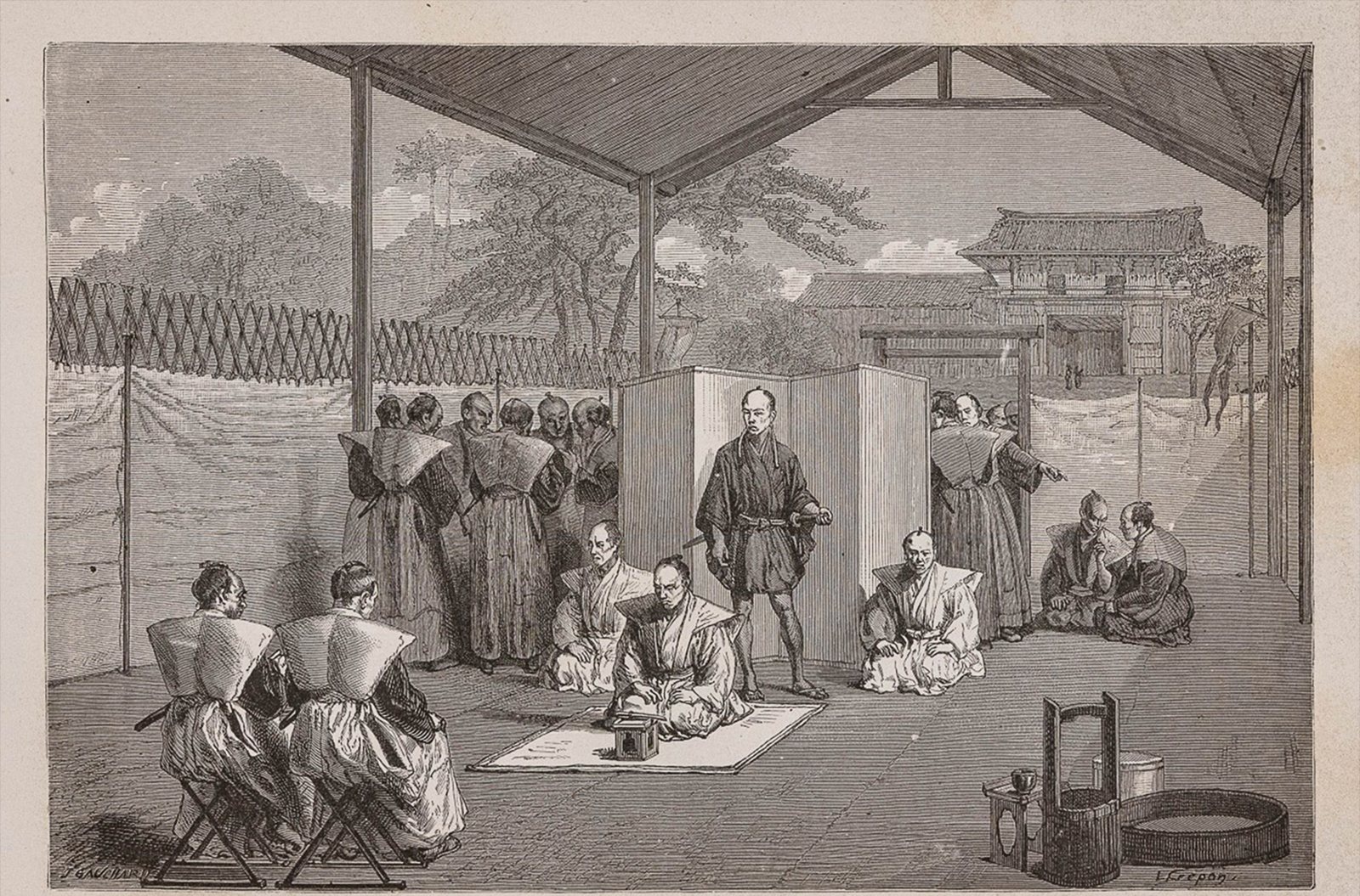 A wood engraving of a seppuku under an open pavilion: a man kneels on a white mat before a small stand holding the blade, a second stands behind him with a sword, and officials sit on folding stools to watch