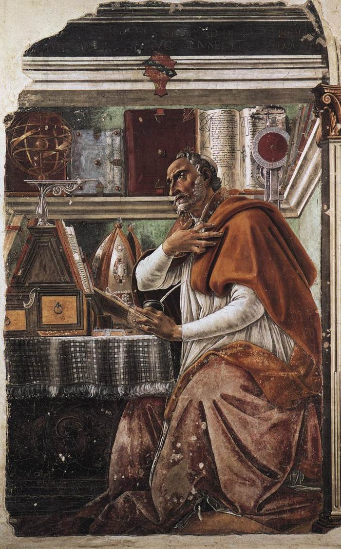 Saint Augustine at his desk in a Florentine study, pen in hand, looking up and away in thought, surrounded by books and an armillary sphere