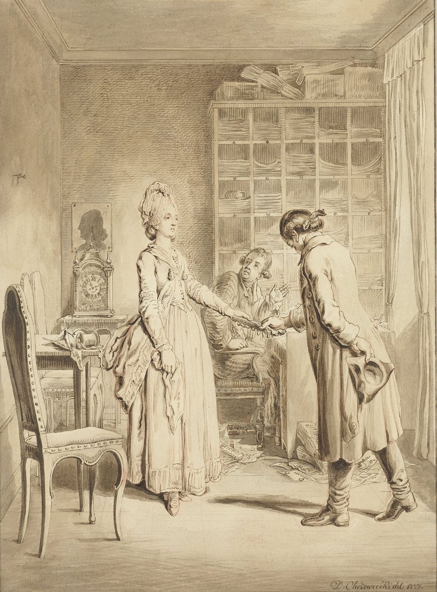 A sepia drawing of an eighteenth-century room: a young woman in a high-piled hairstyle hands a pair of pistols to a bowing servant, while her husband watches from a desk behind her