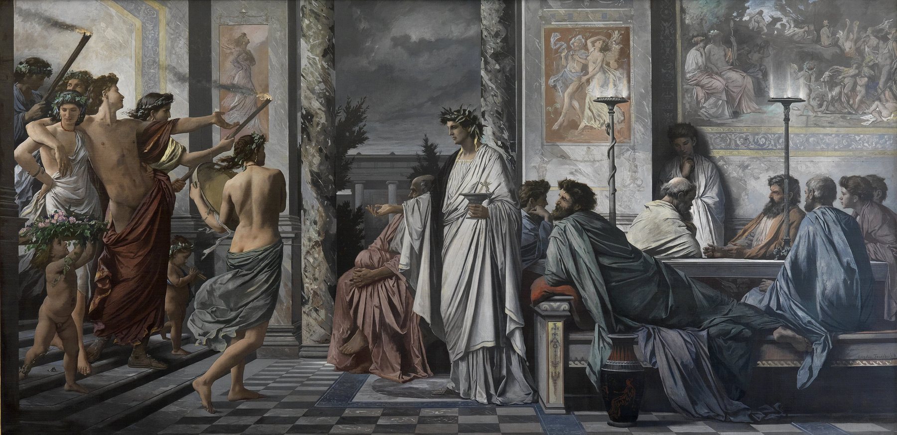Plato’s Symposium in a painted classical hall: the drunken Alcibiades bursts in with revellers at left, while Agathon rises to greet him and Socrates and the other guests recline at right