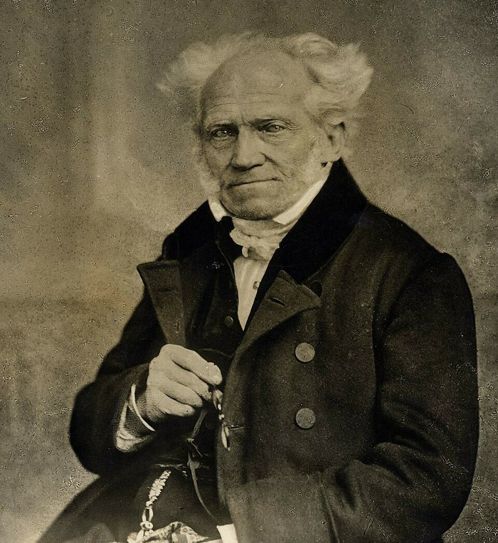 Arthur Schopenhauer in old age, white hair standing out at the sides, seated in a dark coat with his hands folded