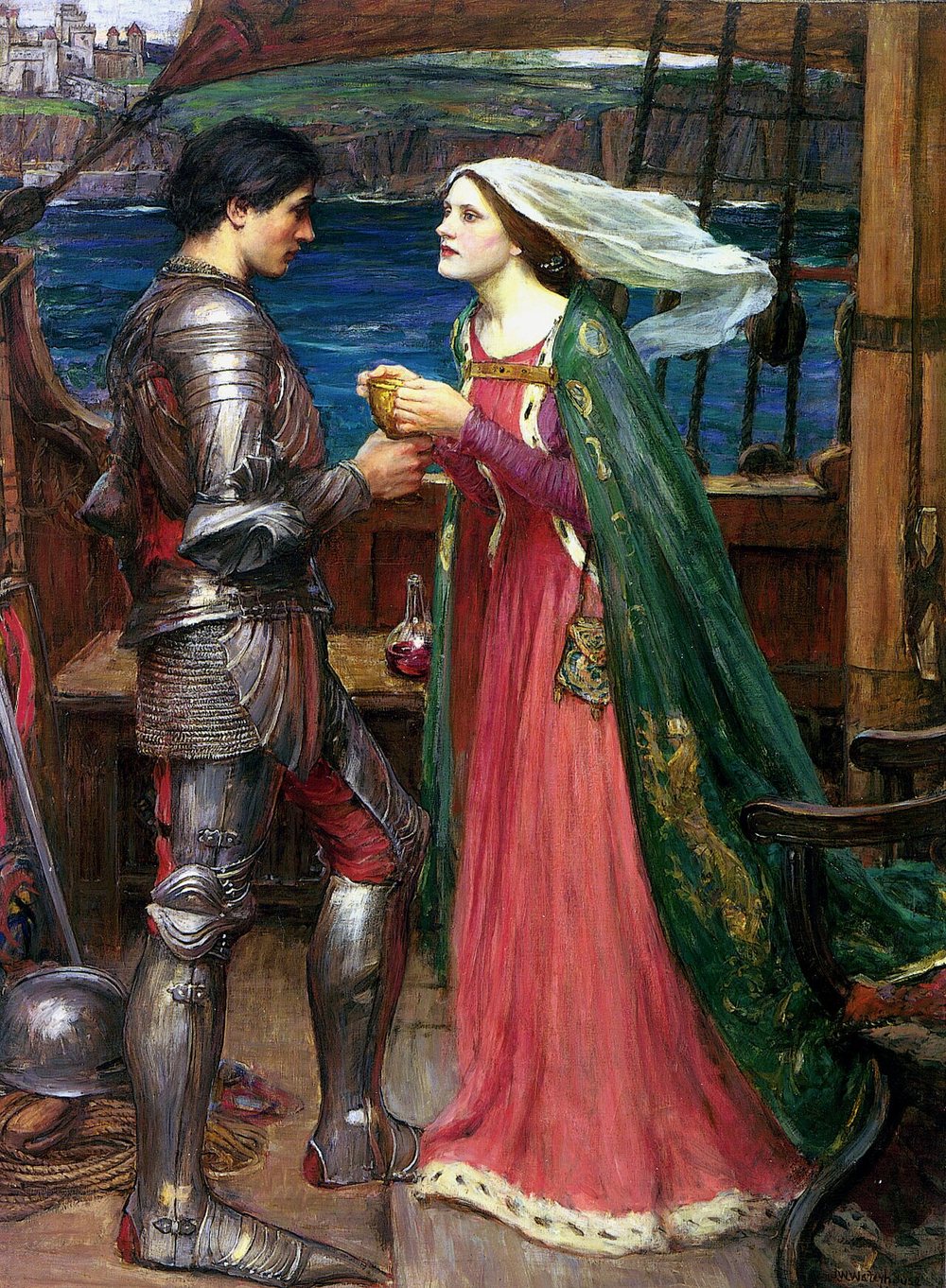 A knight in armor and a red surcoat lifts a goblet toward a young woman in a green cloak and white veil on the deck of a ship, the sea and a coastal town behind them